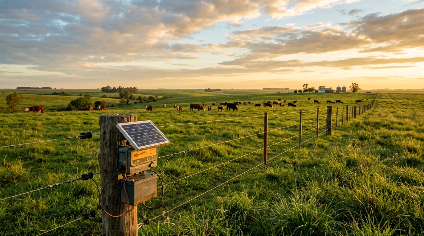 Campo argentino con cerco eléctrico al amanecer